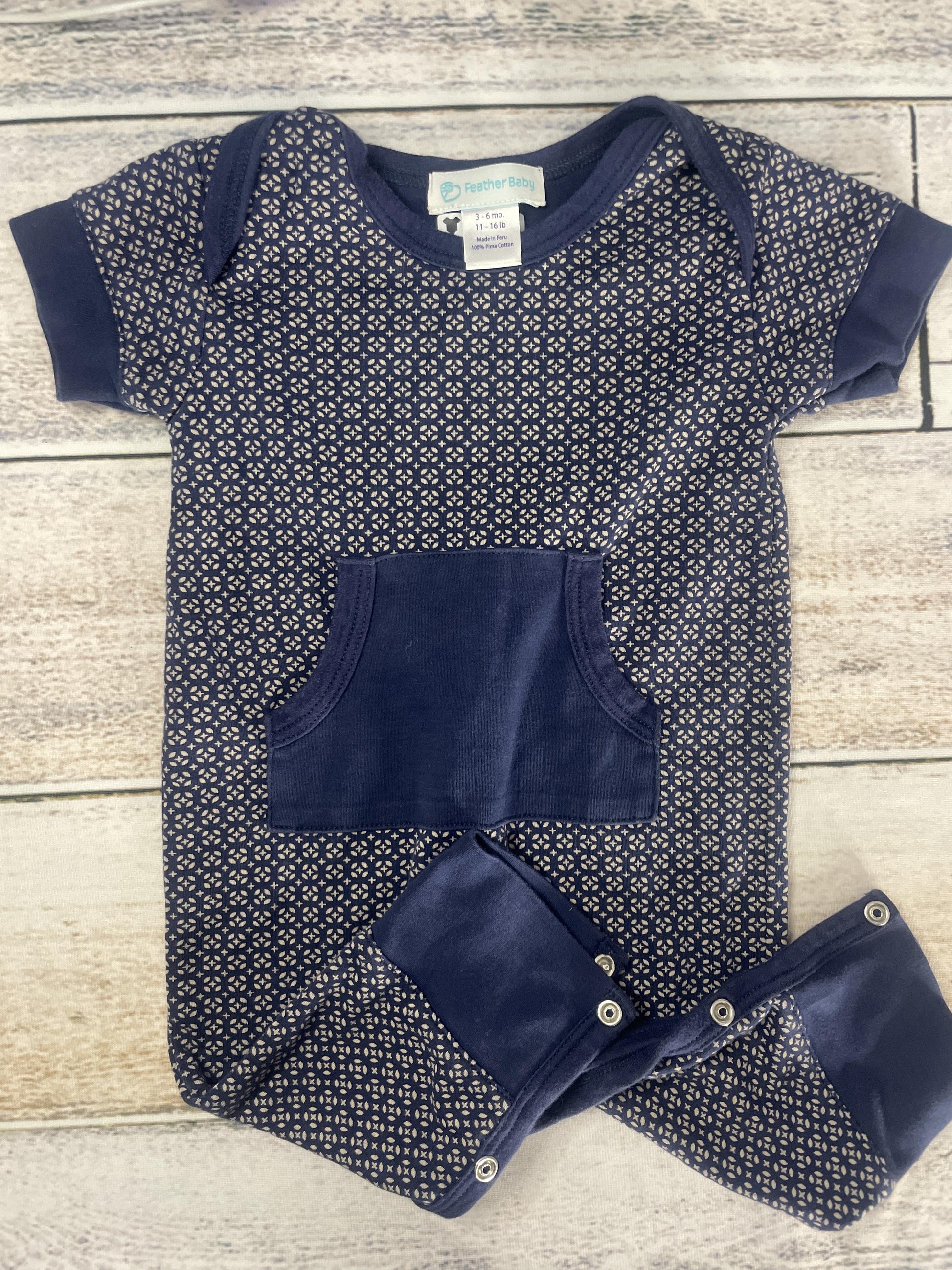 Feather Baby Unisex Navy Blue | Pattern Romper Size: 3-6 months Navy Blue | Pattern