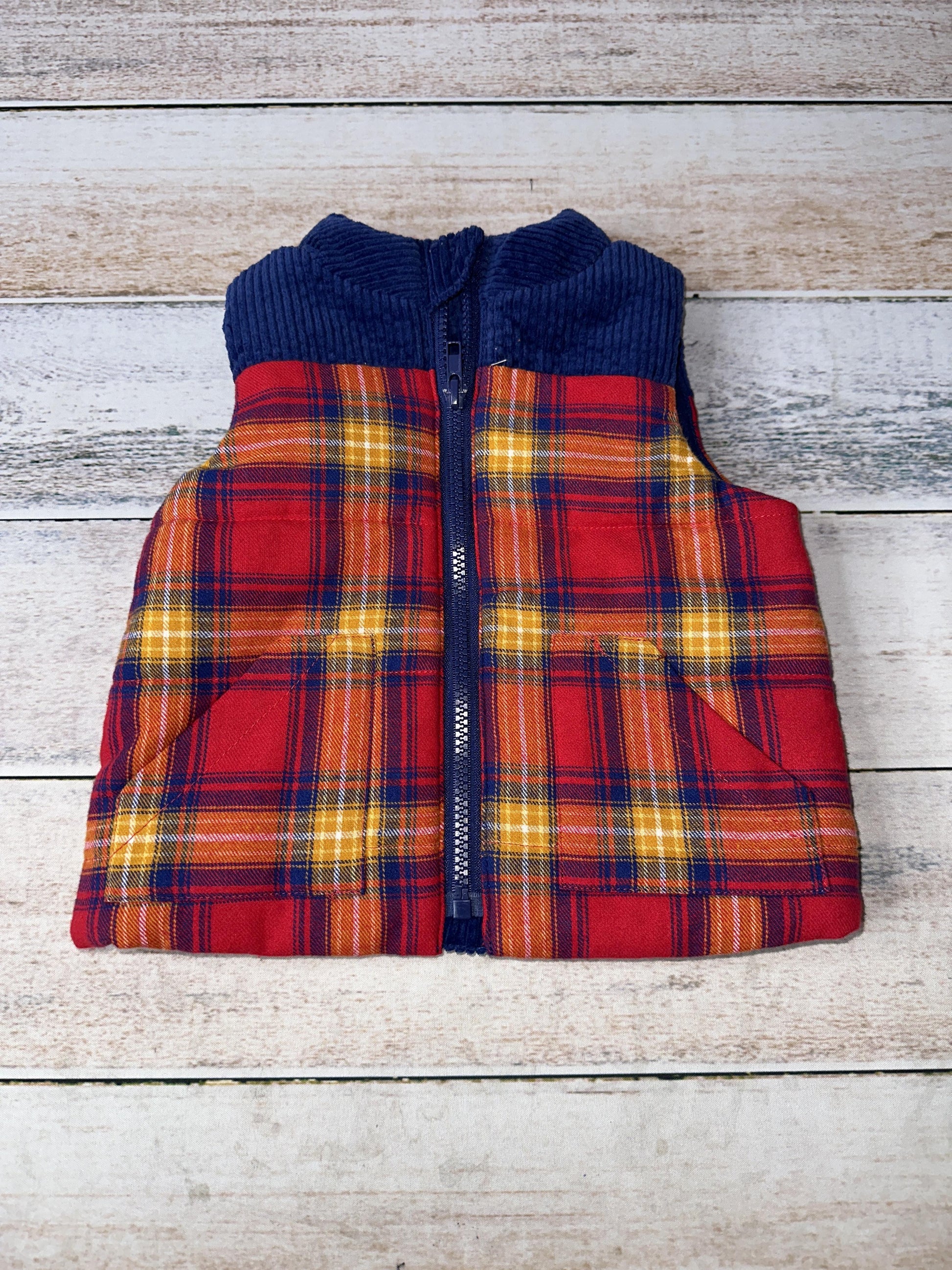 Tahari Boys Navy Blue | Red | orange | plaid Vest Size: 12 months Navy Blue | Red | orange | plaid