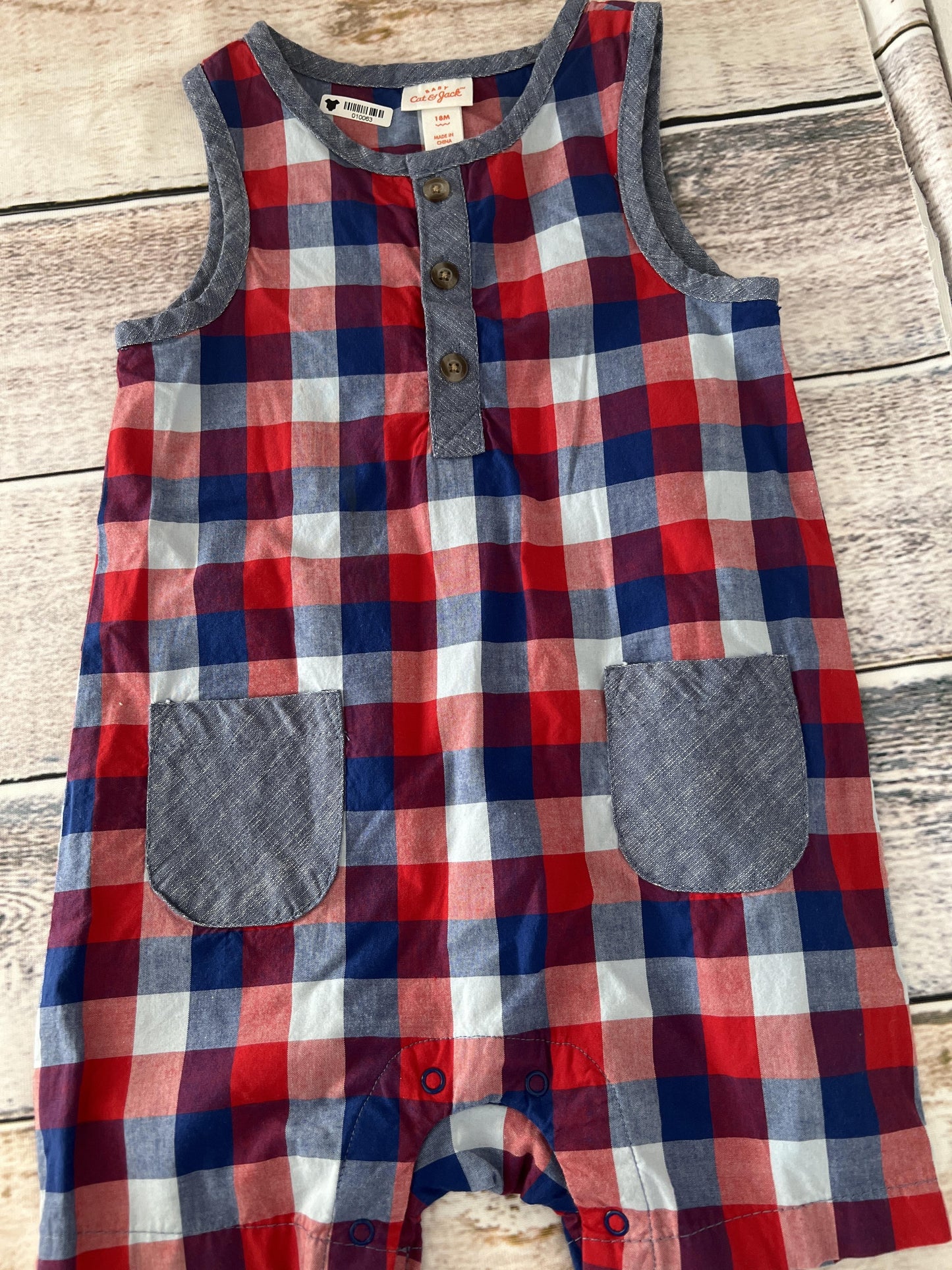 Cat & Jack Boys Navy Blue | Red | plaid Romper Size: 18 months Navy Blue | Red | plaid