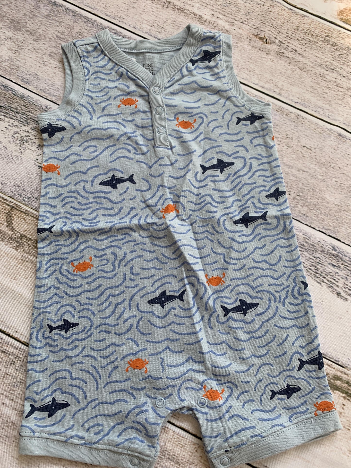 Just Born Boys Navy Blue | Sharks | Sea Animals Romper Size: 9 months Navy Blue | Sharks | Sea Animals