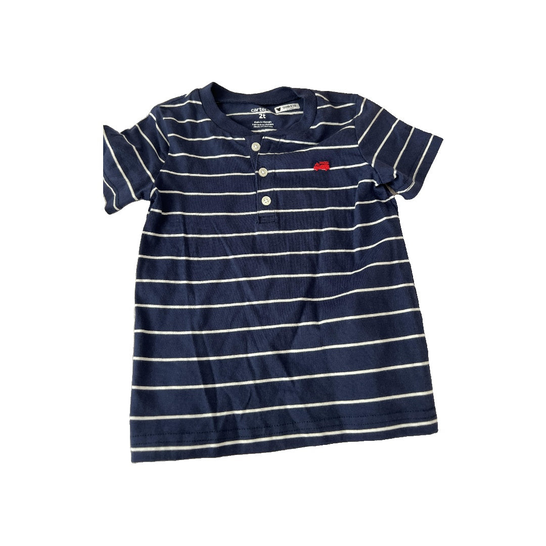 Carters Boys Navy Blue | Stripe Button Down Short Sleeve Size: 2T Navy Blue | Stripe