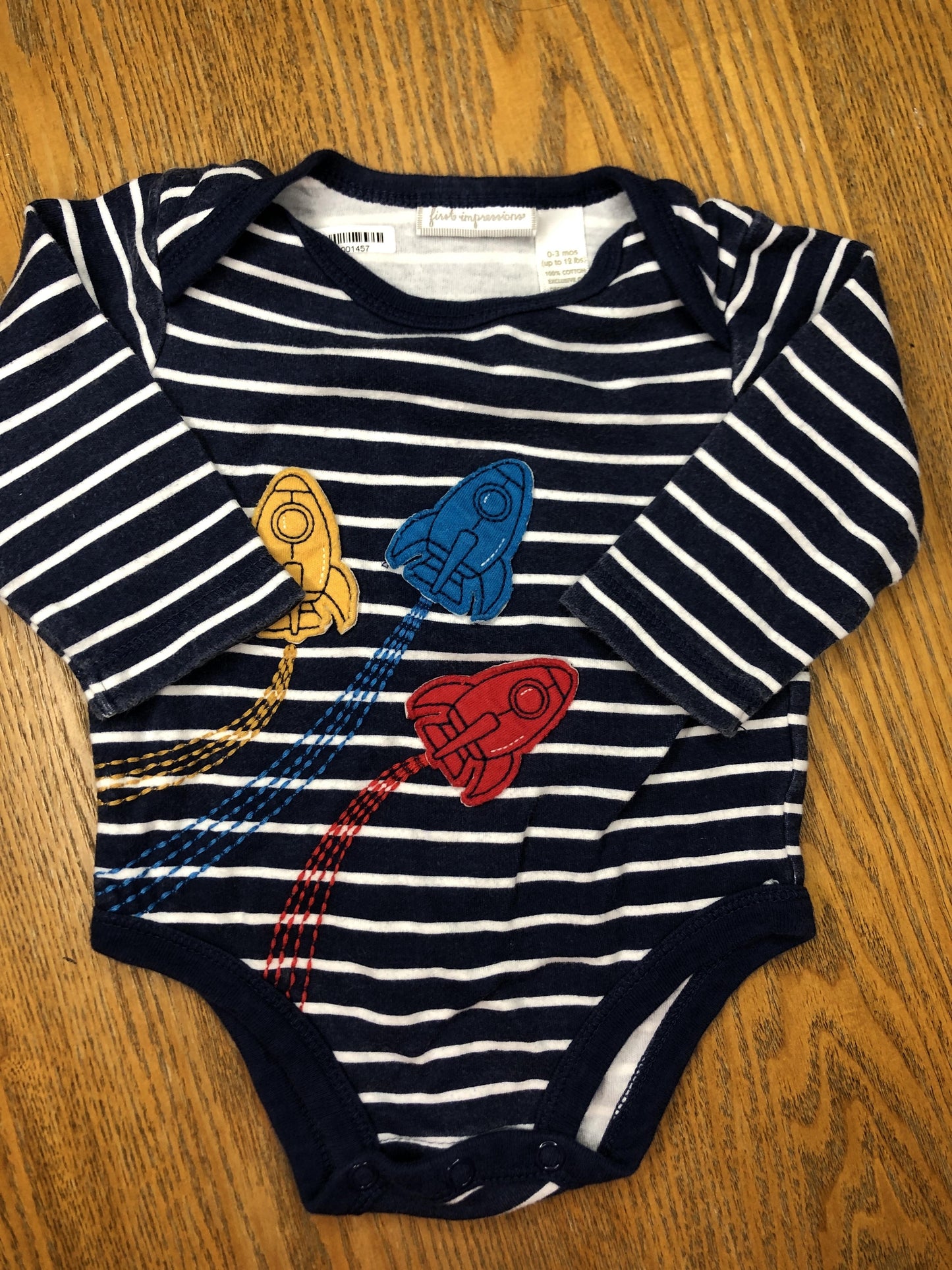 First Impressions Unisex Navy Blue | Striped | White Onesie Size: 0-3 months Navy Blue | Striped | White