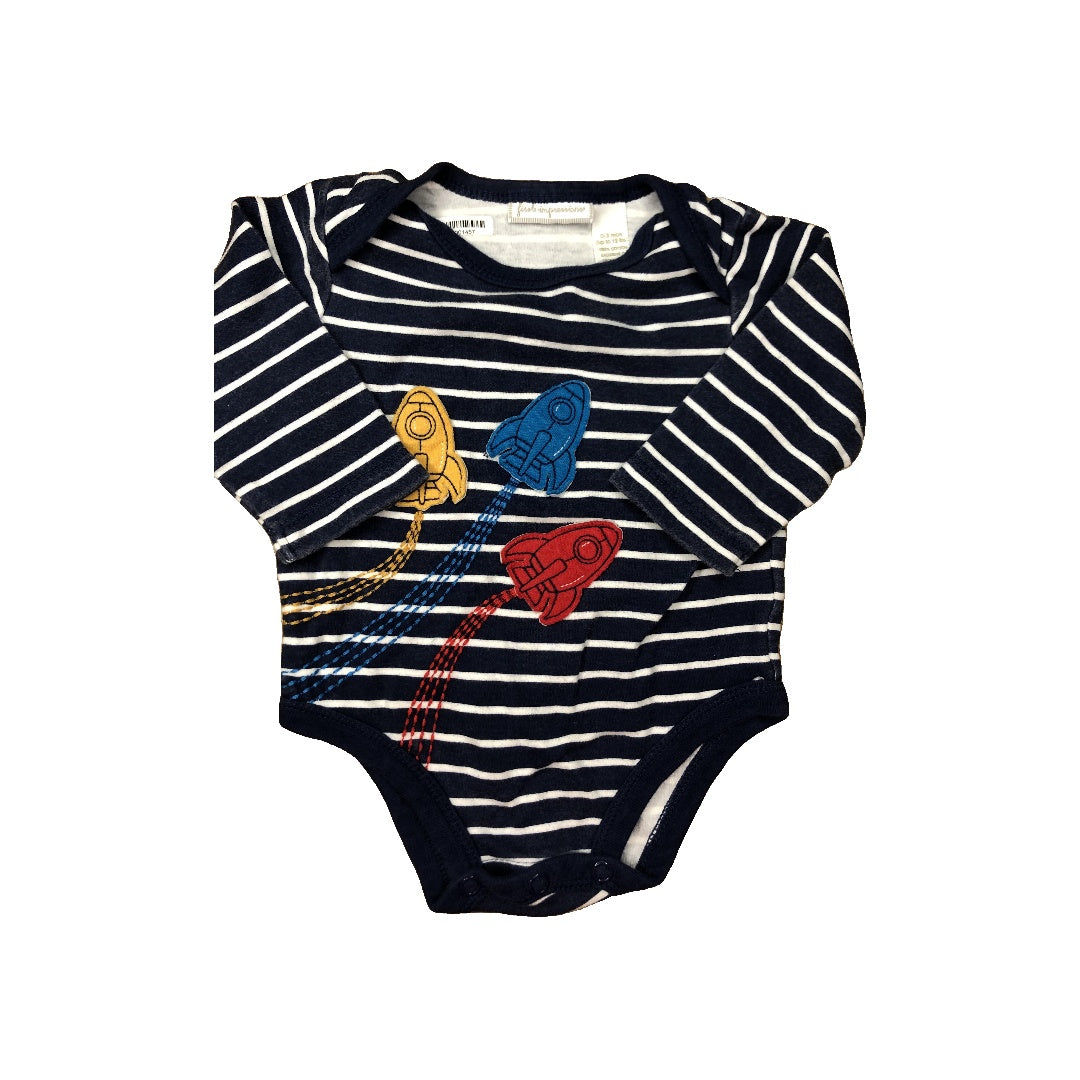 First Impressions Unisex Navy Blue | Striped | White Onesie Size: 0-3 months Navy Blue | Striped | White