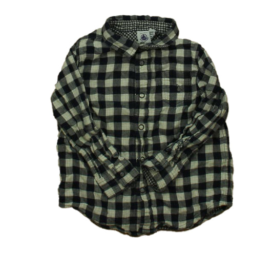 Petit Bateau Boys Navy Check Button Down Long Sleeve Size: 3T