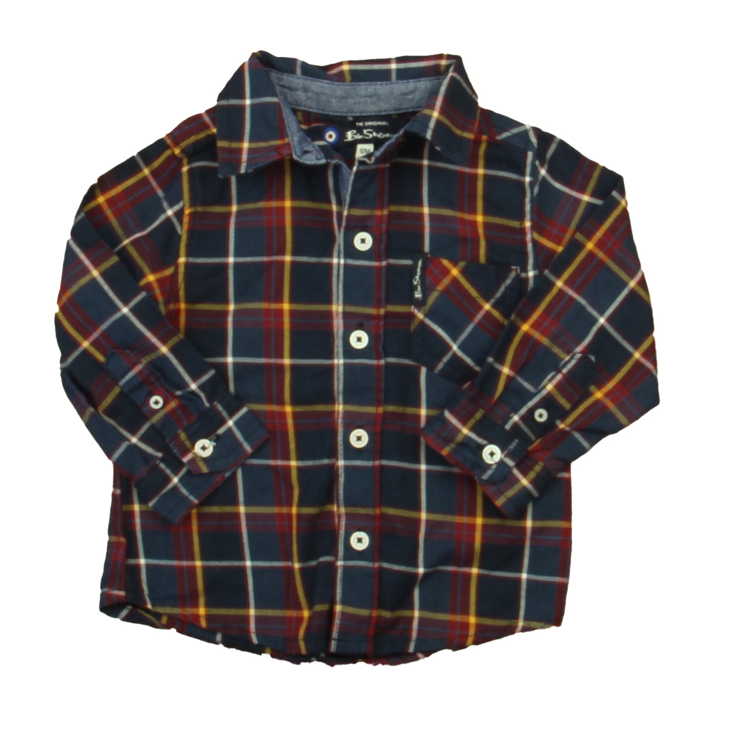 Ben Sherman Boys Navy | Maroon Plaid Button Down Long Sleeve Size: 12 Months Navy | Maroon Plaid