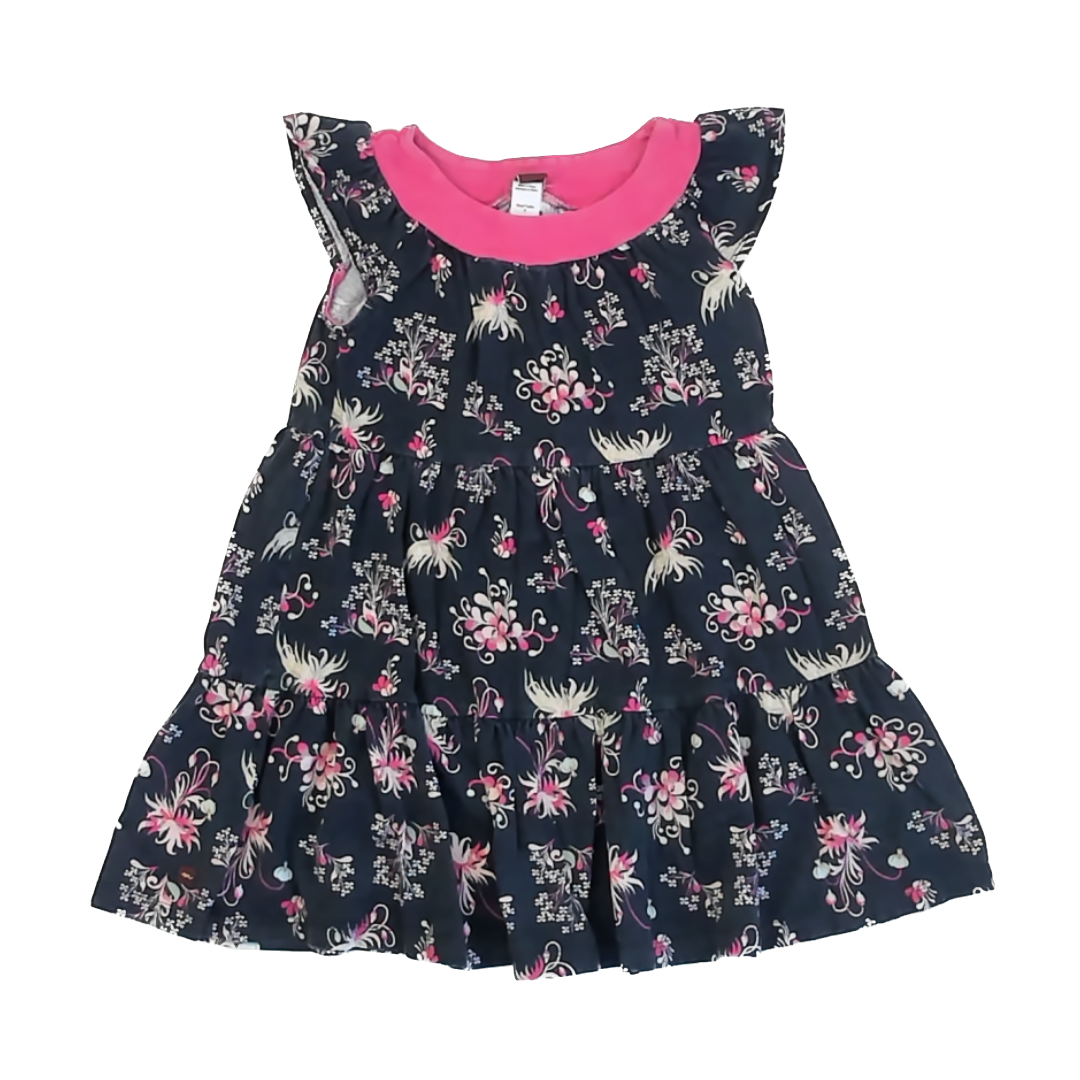 Tea Collection Girls Navy Pink Design | Short Sleeve Dress Size: 6 Years Navy Pink Design | Short Sleeve
