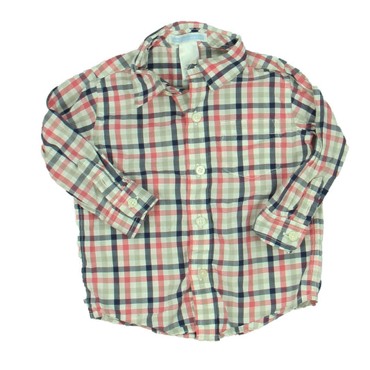 Janie and Jack Boys Navy | Pink Plaid Button Down Long Sleeve Size: 6-12 Months Navy | Pink Plaid