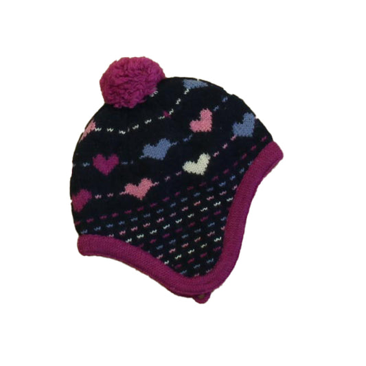 JoJo Maman Bebe Girls Navy | Purple Hearts Winter Hat Size: 6-12 Months Navy | Purple Hearts
