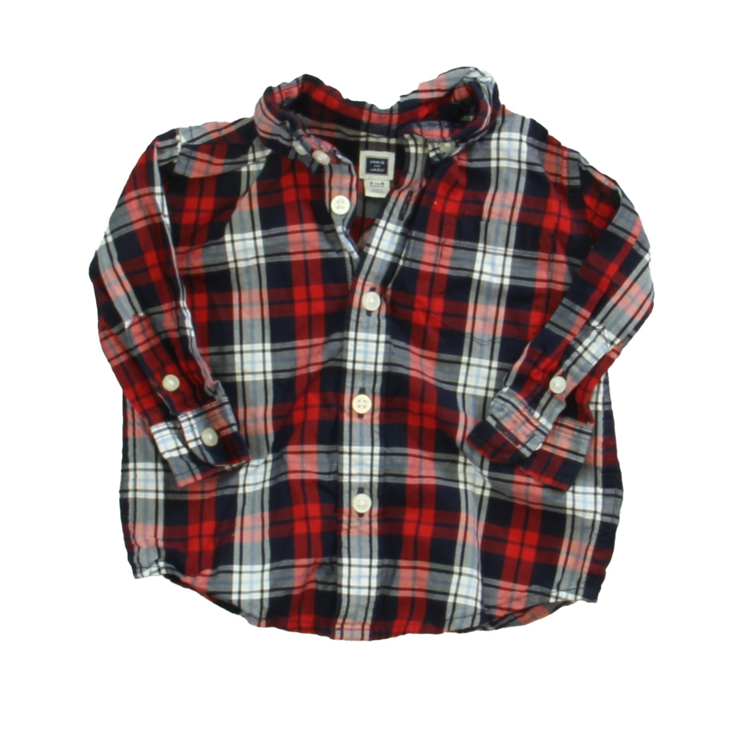 Janie and Jack Boys Navy | Red Plaid Button Down Long Sleeve Size: 3-6 Months Navy | Red Plaid