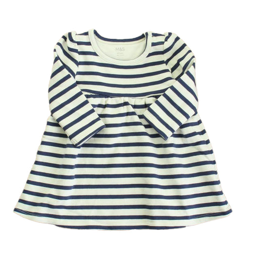 M&S Girls Navy Stripe Dress Size: 6-9 Months