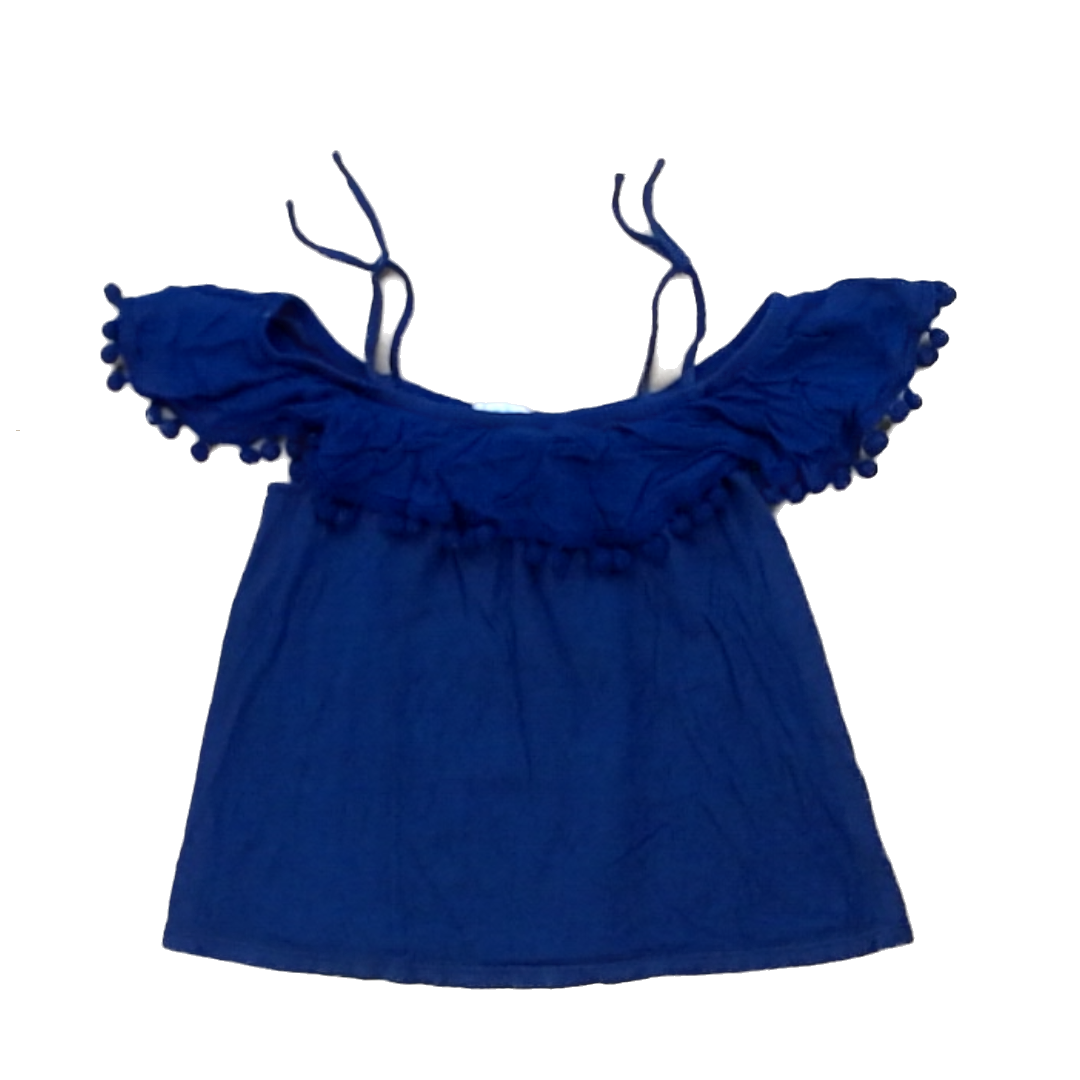 Rockets Of Awesome Girls Navy Tank | Pom Pom Ruffle Top Short Sleeve Shirt Size: 6 - 7 Years Navy Tank | Pom Pom Ruffle Top