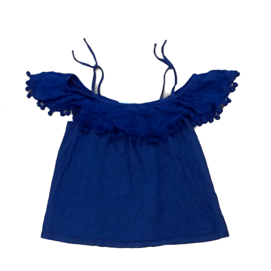 Rockets Of Awesome Girls Navy Tank | Pom Pom Ruffle Top Short Sleeve Shirt Size: 6 - 7 Years Navy Tank | Pom Pom Ruffle Top