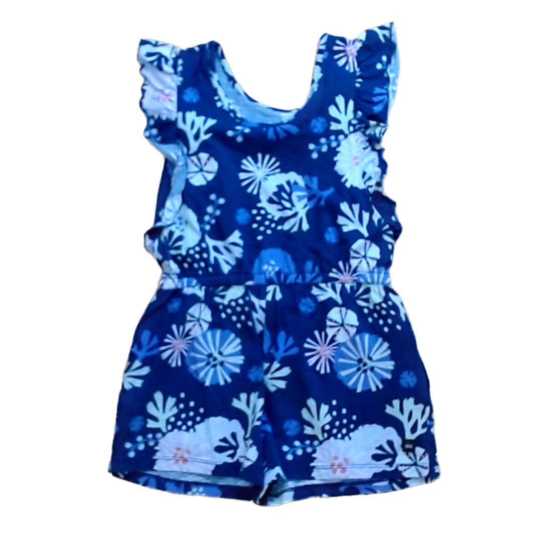 Tea Collection Girls Navy with Coral Romper Size: 7T Navy with Coral