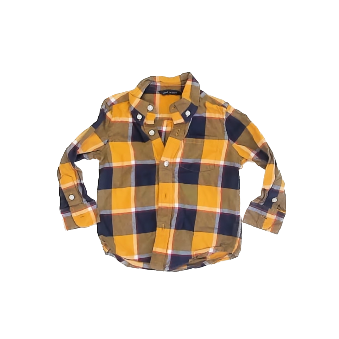 Janie and Jack Boys Navy | Yellow Flannel Button Down Long Sleeve Size: 12-18 Months Navy | Yellow Flannel