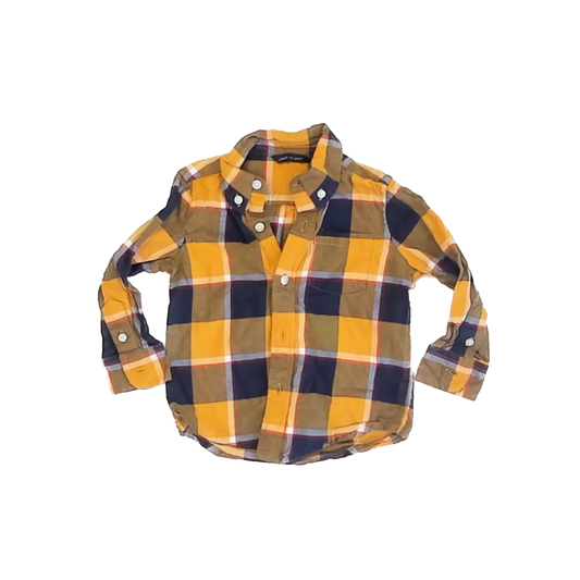 Janie and Jack Boys Navy | Yellow Flannel Button Down Long Sleeve Size: 12-18 Months Navy | Yellow Flannel