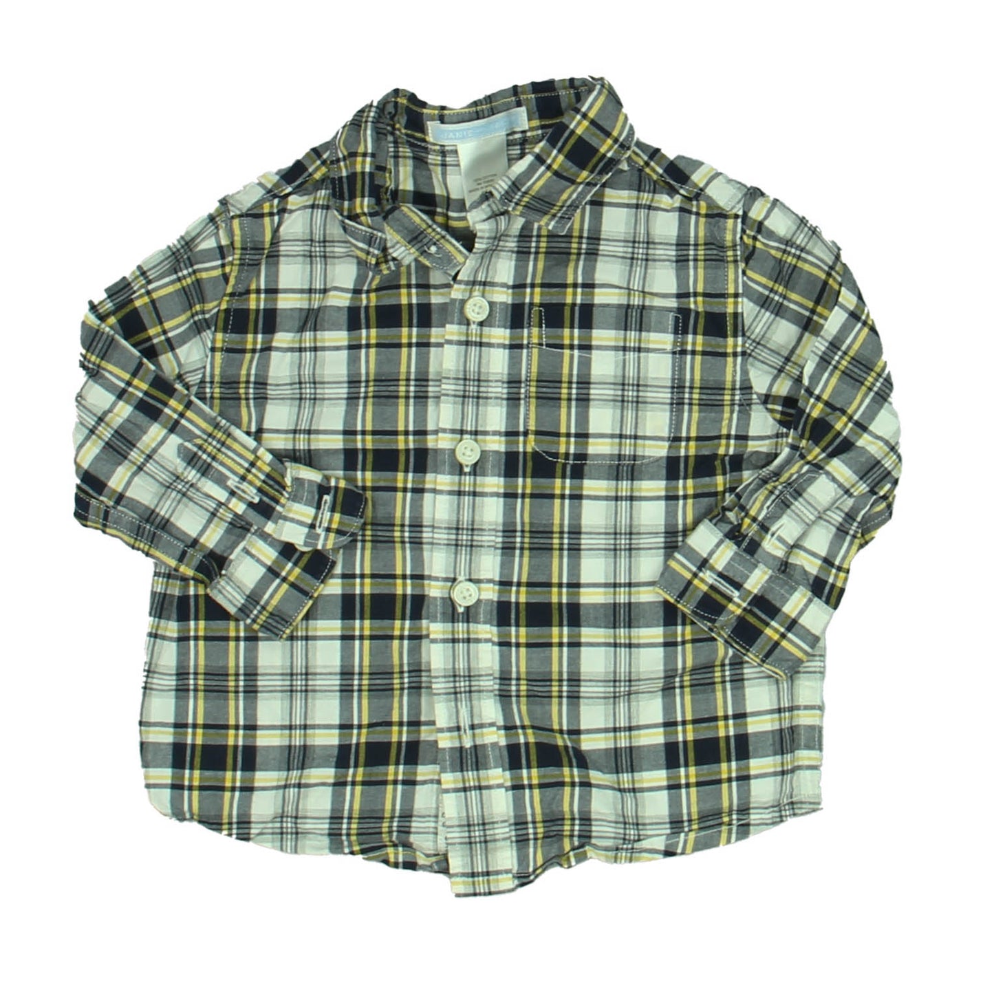 Janie and Jack Boys Navy | Yellow Plaid Button Down Long Sleeve Size: 6-12 Months Navy | Yellow Plaid