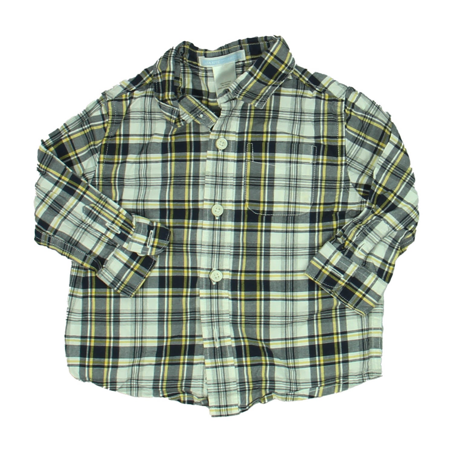 Janie and Jack Boys Navy | Yellow Plaid Button Down Long Sleeve Size: 6-12 Months Navy | Yellow Plaid