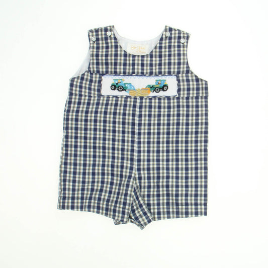 Rosalina Boys Navy | Yellow | Trucks Romper Size: 6 Months Navy | Yellow | Trucks