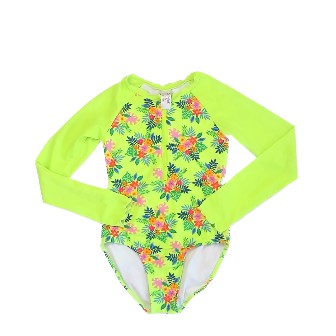 Cat & Jack Girls Neon Green Floral 1-piece Swimsuit Size: XL (14) Neon Green Floral
