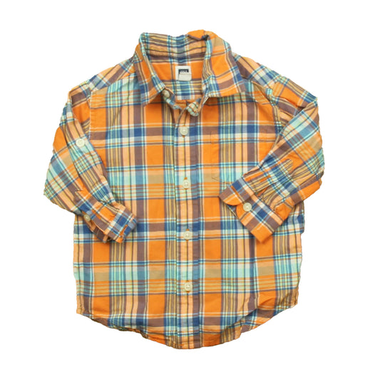 Janie and Jack Boys Orange | Blue Plaid Button Down Long Sleeve Size: 6-12 Months Orange | Blue Plaid