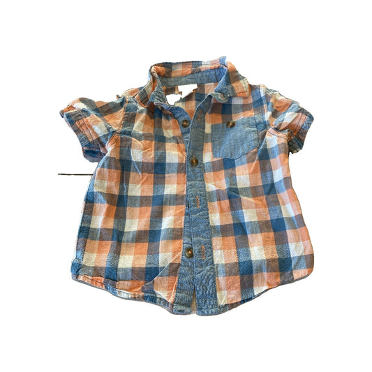 Cat & Jack Boys orange | Blue | plaid Button Down Short Sleeve Size: 18 months orange | Blue | plaid