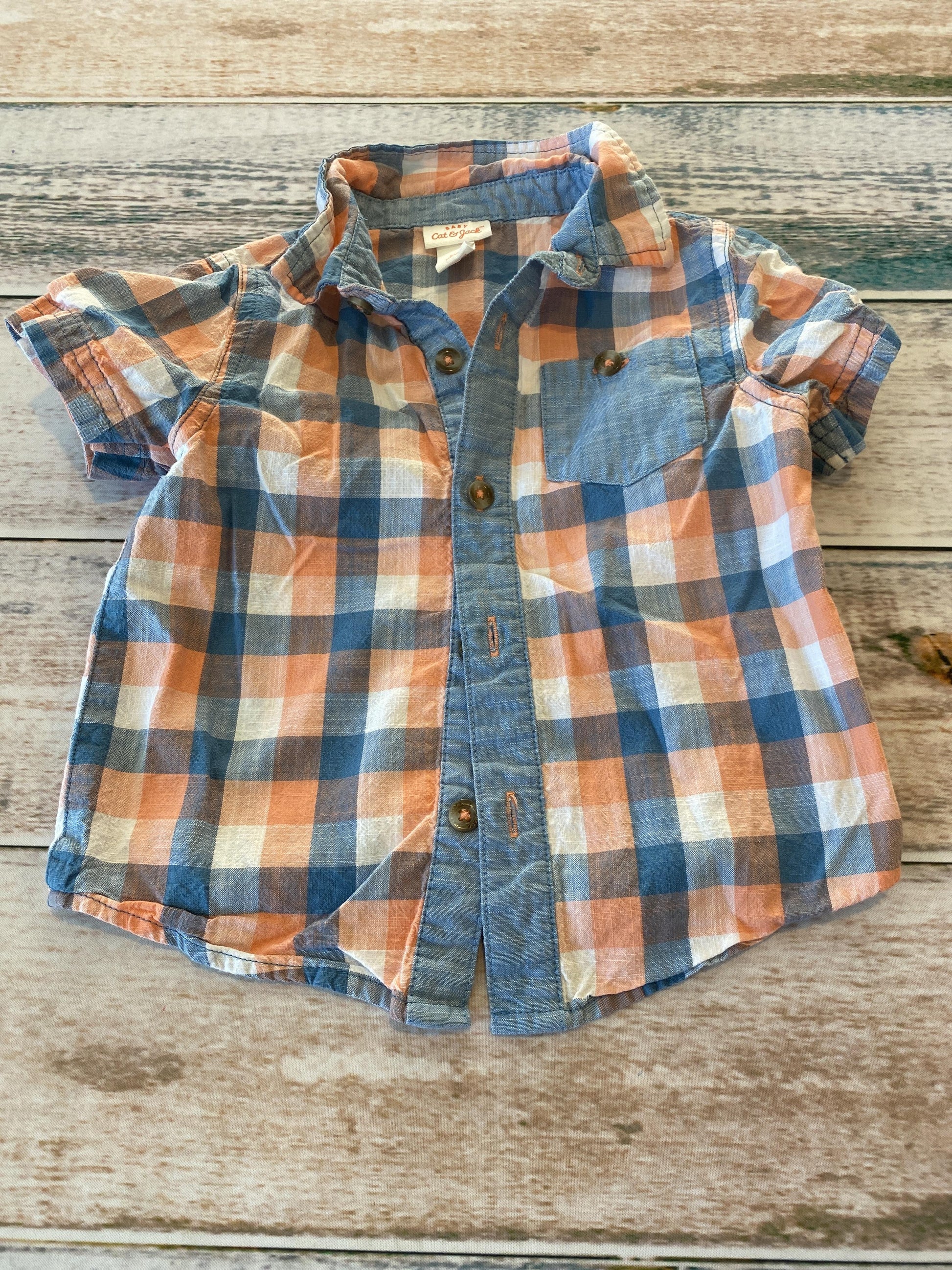 Cat & Jack Boys orange | Blue | plaid Button Down Short Sleeve Size: 18 months orange | Blue | plaid