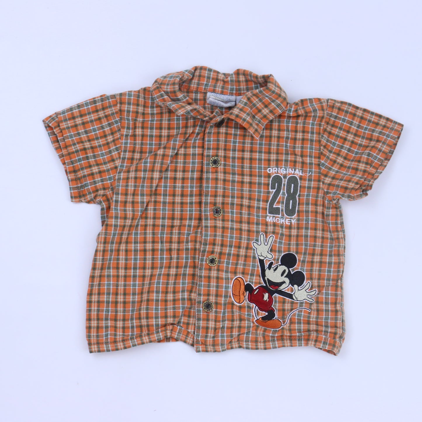 Disney Boys Orange | Green Plaid Button Down Short Sleeve Size: 12 Months