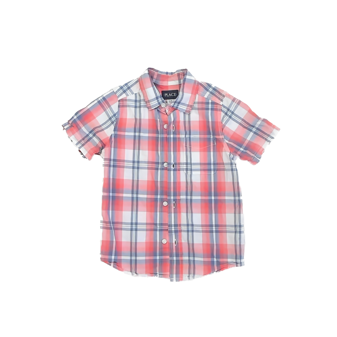 Children's Place Boys Orange Plaid Button Down Short Sleeve Size: 5-6 Years Orange Plaid