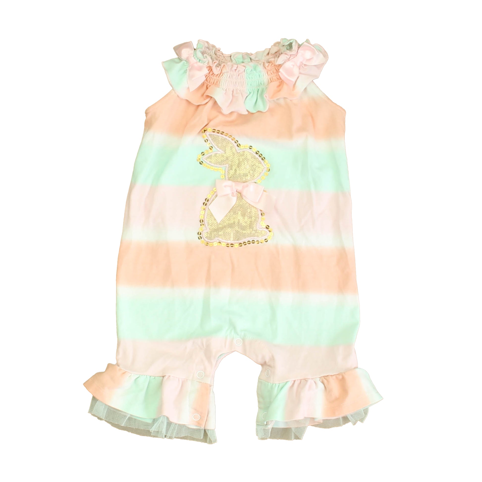 Bonnie Jean Girls Peach | Aqua Bunny Romper Size: 18 Months Peach | Aqua Bunny