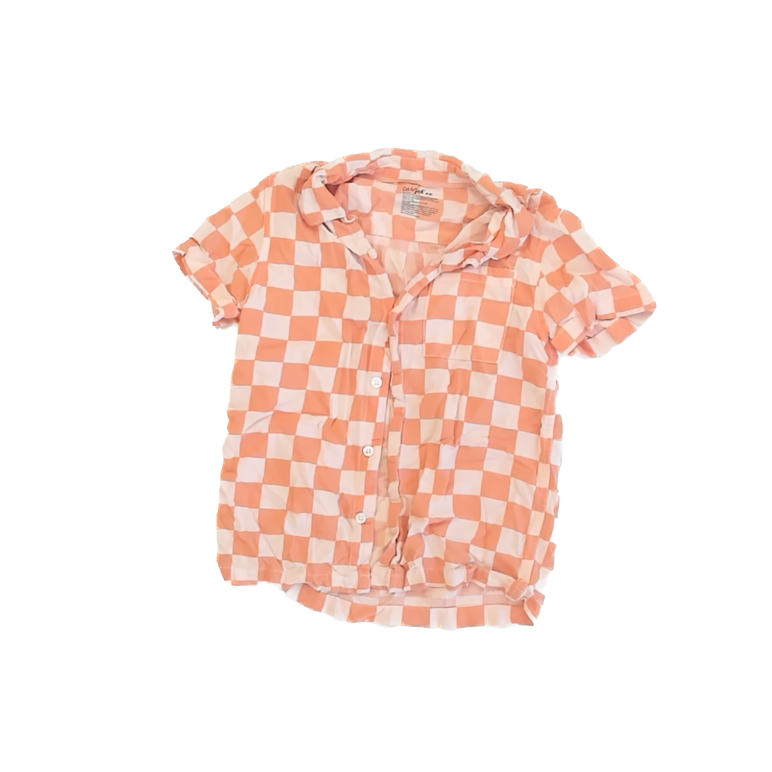 Cat & Jack Boys Peach Checkered Button Down Short Sleeve Size: 8 Years Peach Checkered
