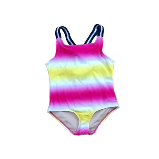 Rockets Of Awesome Girls Pink and Yellow Tie-Dye Stripes | Black and White Bands 1-piece Swimsuit Size: 5T Pink and Yellow Tie-Dye Stripes | Black and White Bands