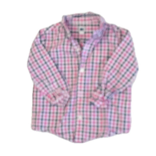 Janie and Jack Boys Pink | Black Plaid Button Down Long Sleeve Size: 18-24 Months Pink | Black Plaid