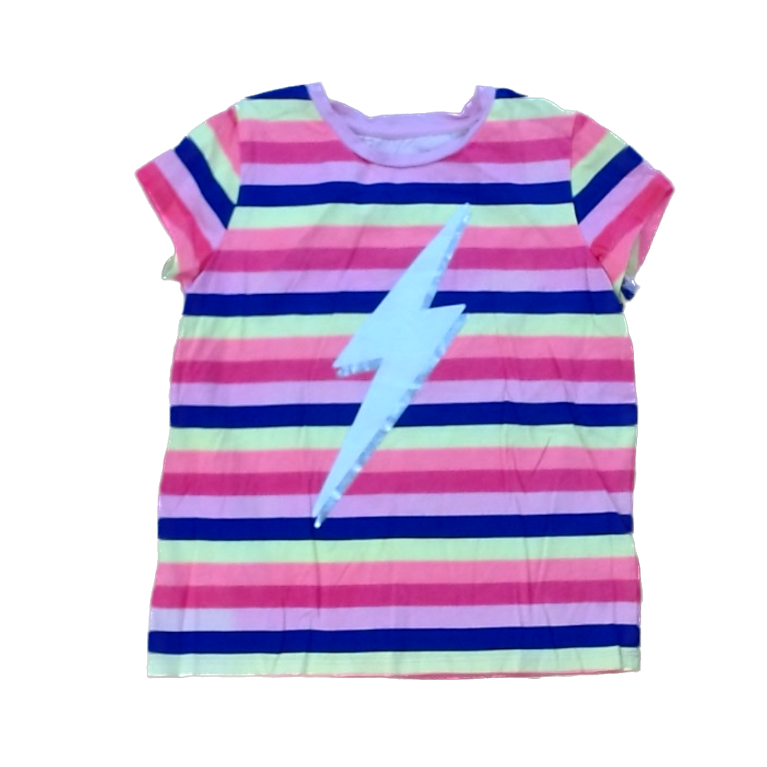 Rockets Of Awesome Girls Pink Blue and Yellow Stripes | White Lightening Bolt Short Sleeve Shirt Size: 6 Years Pink Blue and Yellow Stripes | White Lightening Bolt