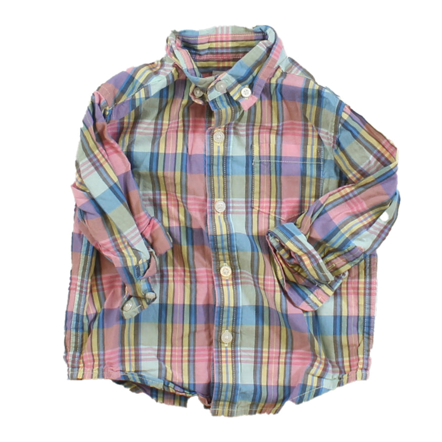 Janie and Jack Boys Pink | Blue | Yellow Button Down Long Sleeve Size: 12-18 Months Pink | Blue | Yellow