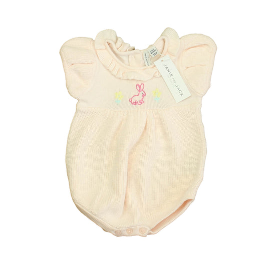 Janie and Jack Girls Pink Bunnies Romper Size: 6-12 months