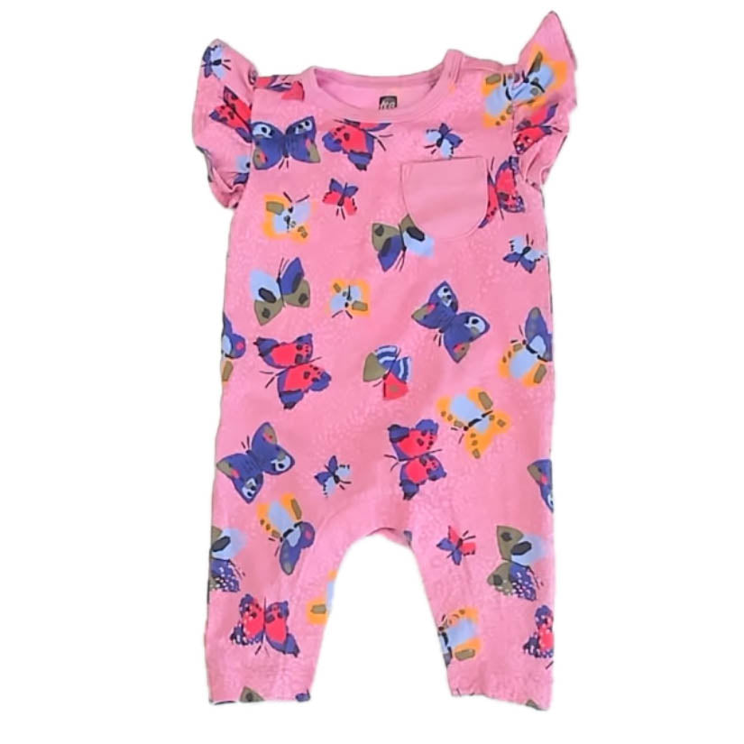 Tea Collection Girls Pink Butterflies Romper Size: 0-3 Months Pink Butterflies