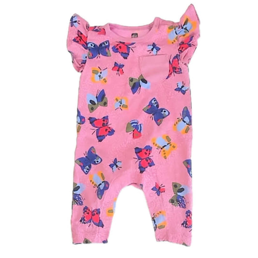 Tea Collection Girls Pink Butterflies Romper Size: 0-3 Months Pink Butterflies