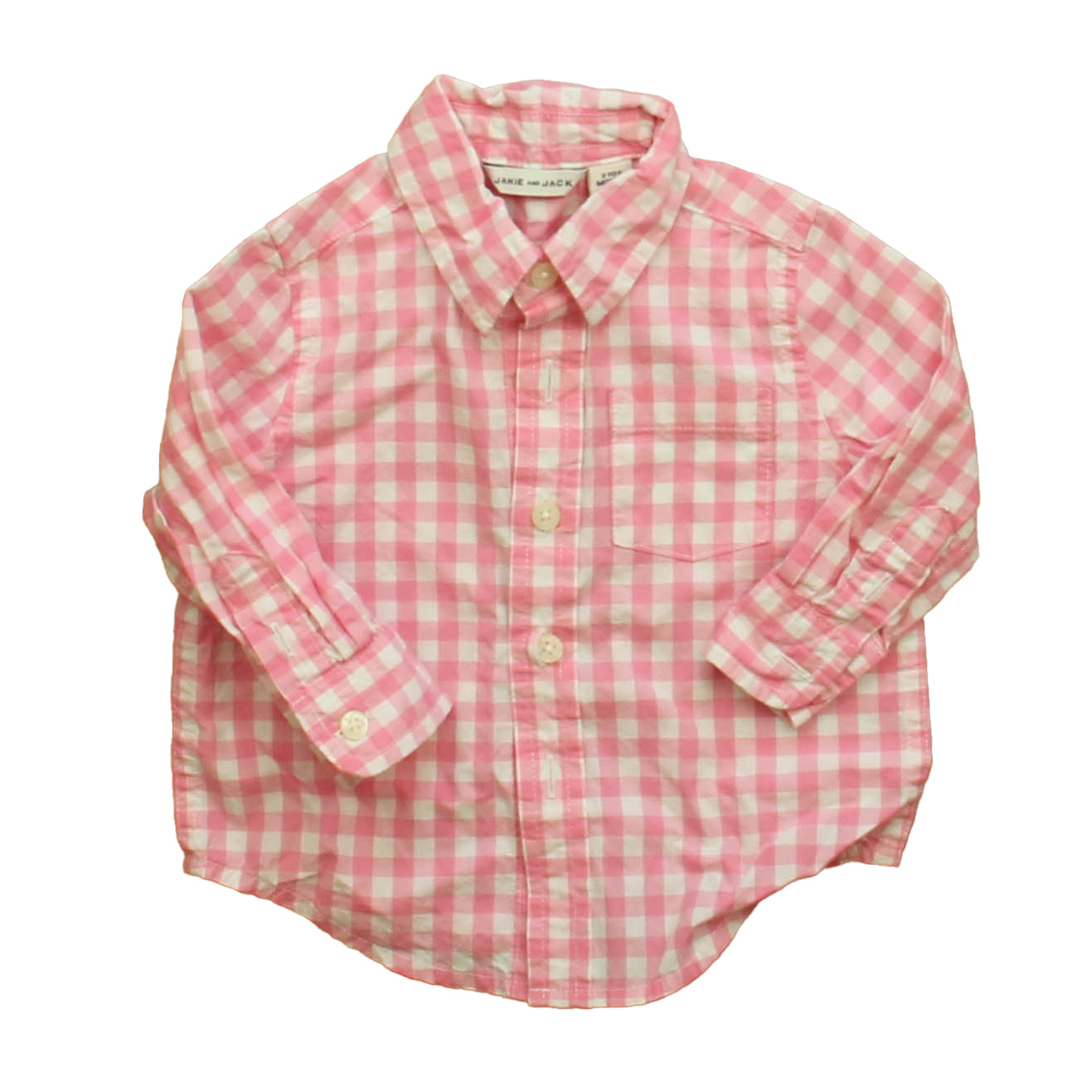 Janie and Jack Boys Pink Check Button Down Long Sleeve Size: 3-6 Months Pink Check