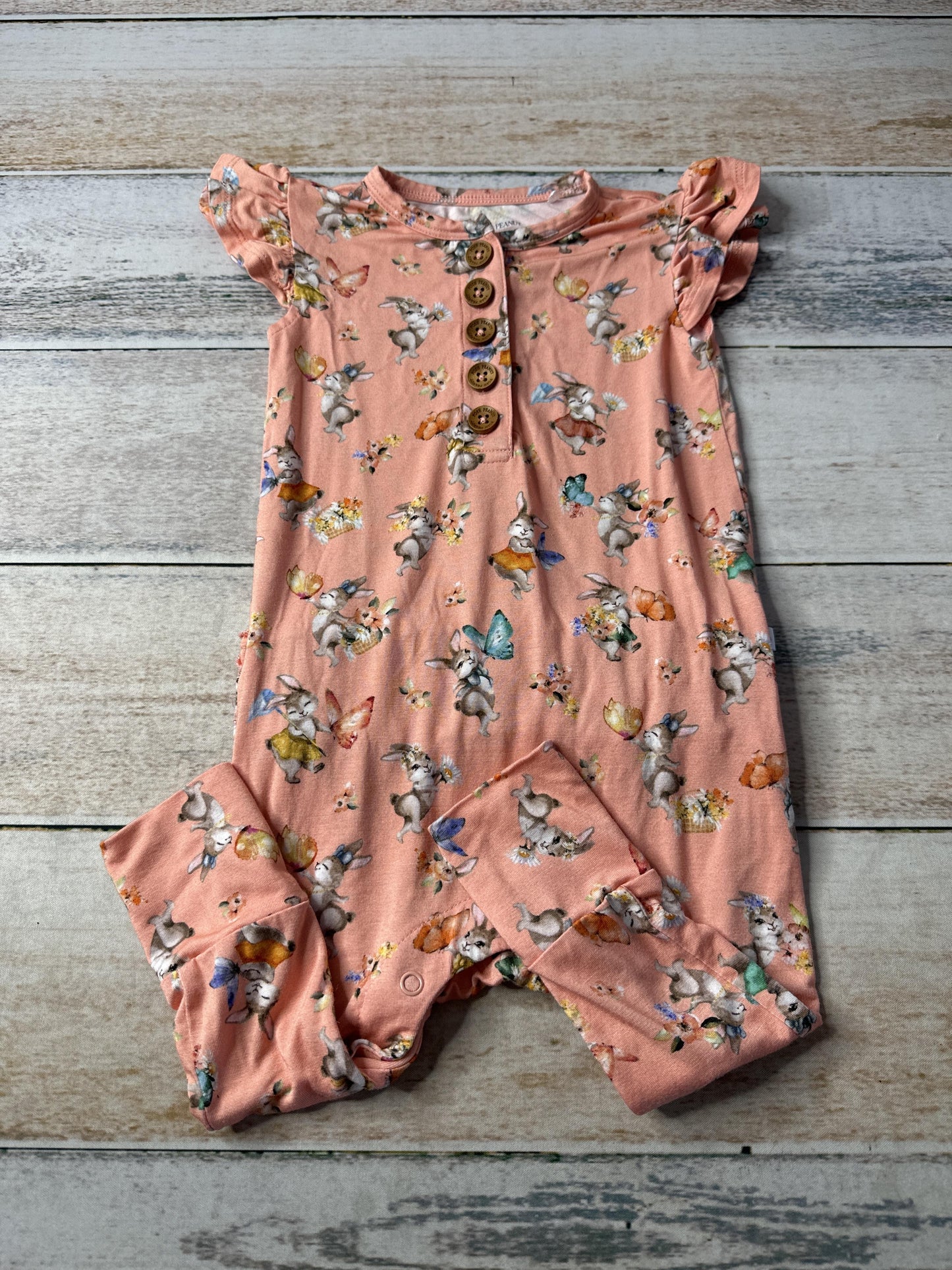 Posh Peanut Girls Pink floral | Bunnies Romper Size: 18-24 months Pink floral | Bunnies