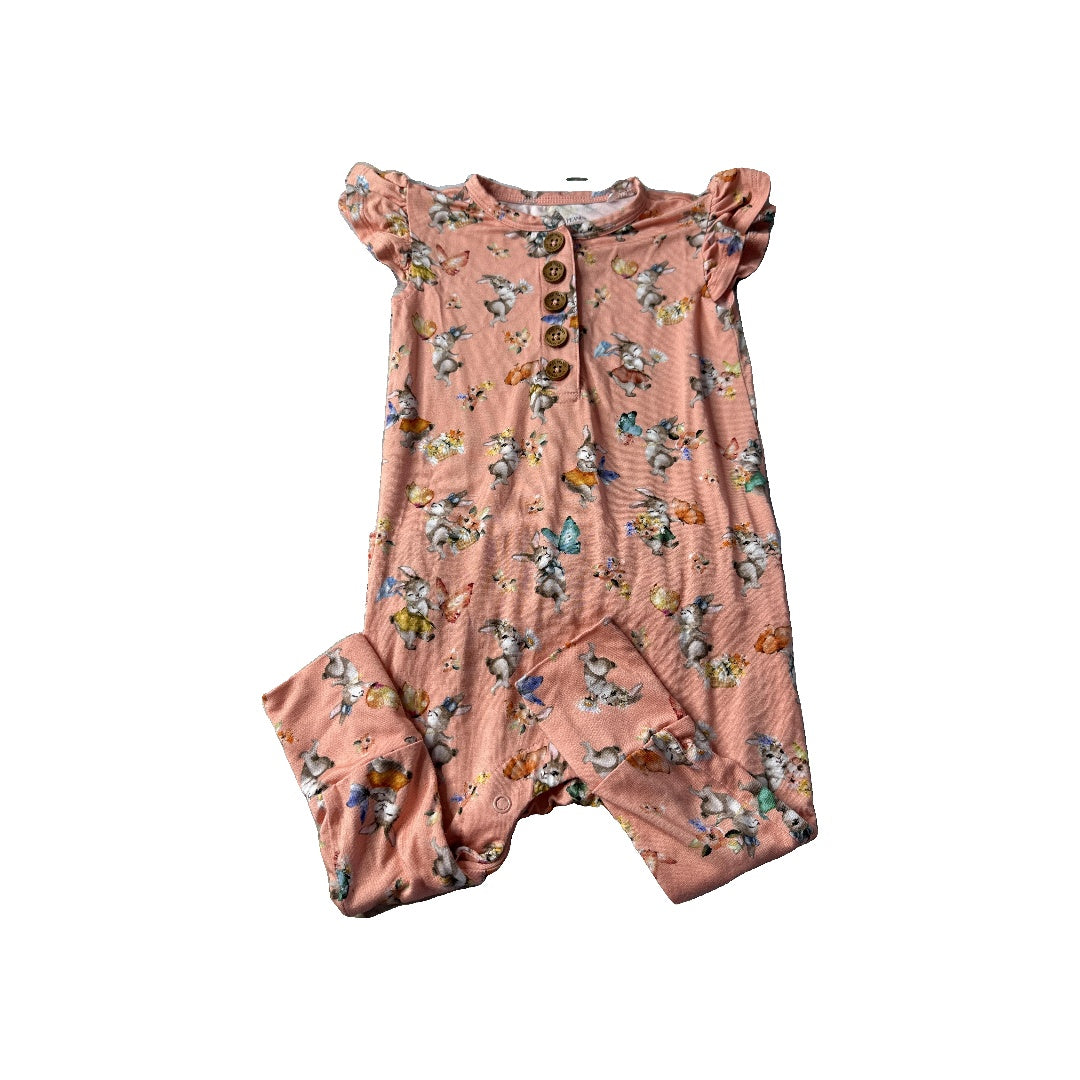 Posh Peanut Girls Pink floral | Bunnies Romper Size: 18-24 months Pink floral | Bunnies