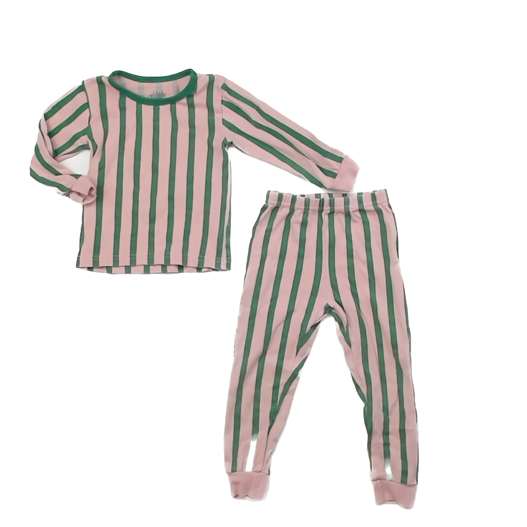 Minik Girls Pink | Green Stripe 2-piece Pajamas Size: 3T Pink | Green Stripe