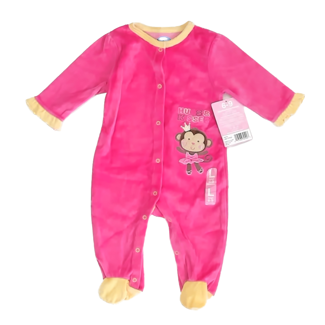 Bon Bebe Girls Pink | Monkey 1-piece footed Pajamas Size: 6-9 Months Pink | Monkey