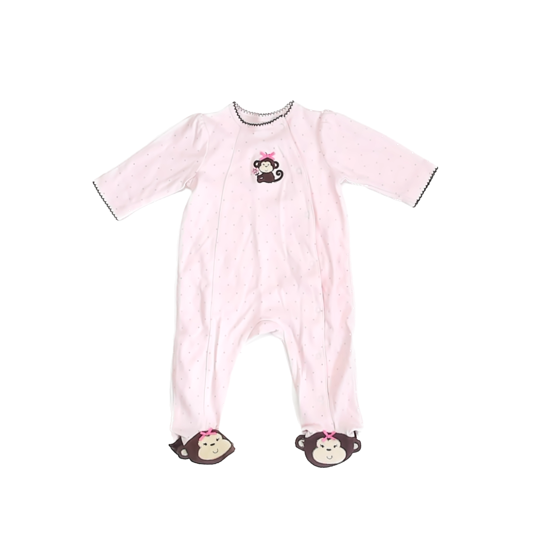Little Me Girls Pink | Monkey 1-piece footed Pajamas Size: 6 Months Pink | Monkey