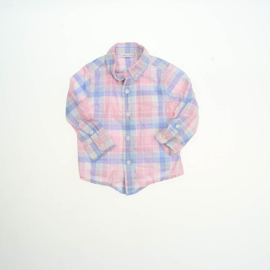 Janie and Jack Boys Pink Plaid Button Down Long Sleeve Size: 12-18 Months Pink Plaid