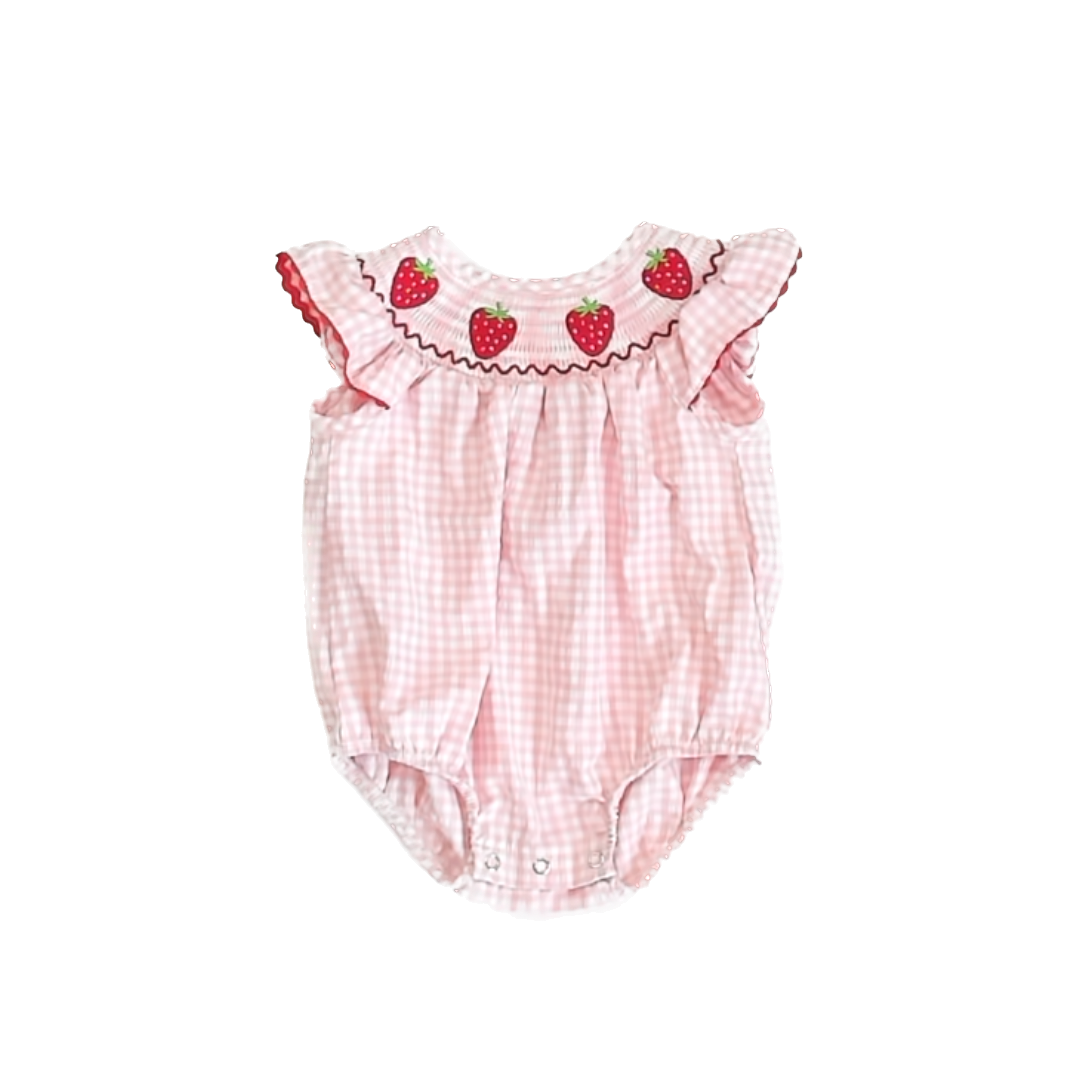 Unknown Girls Pink Strawberries Smocked Romper Size: 3-6 Months Pink Strawberries Smocked