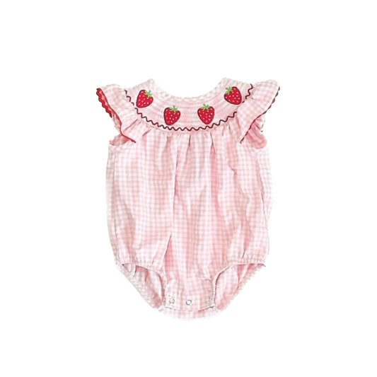 Unknown Girls Pink Strawberries Smocked Romper Size: 3-6 Months Pink Strawberries Smocked