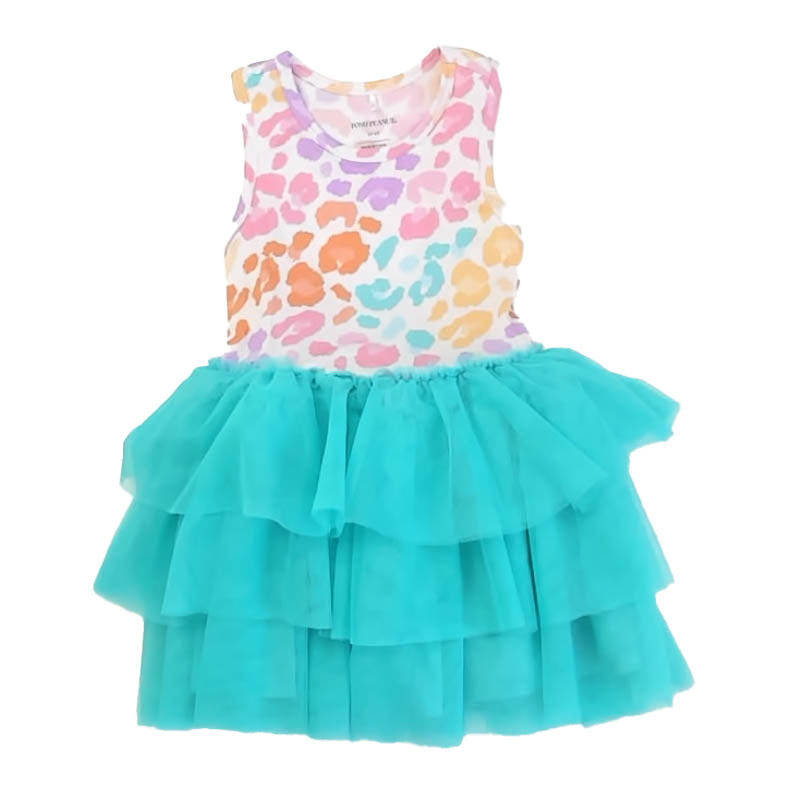 Posh Peanut Girls Pink | Turquoise Leopard Dress Size: 3-4T Pink | Turquoise Leopard