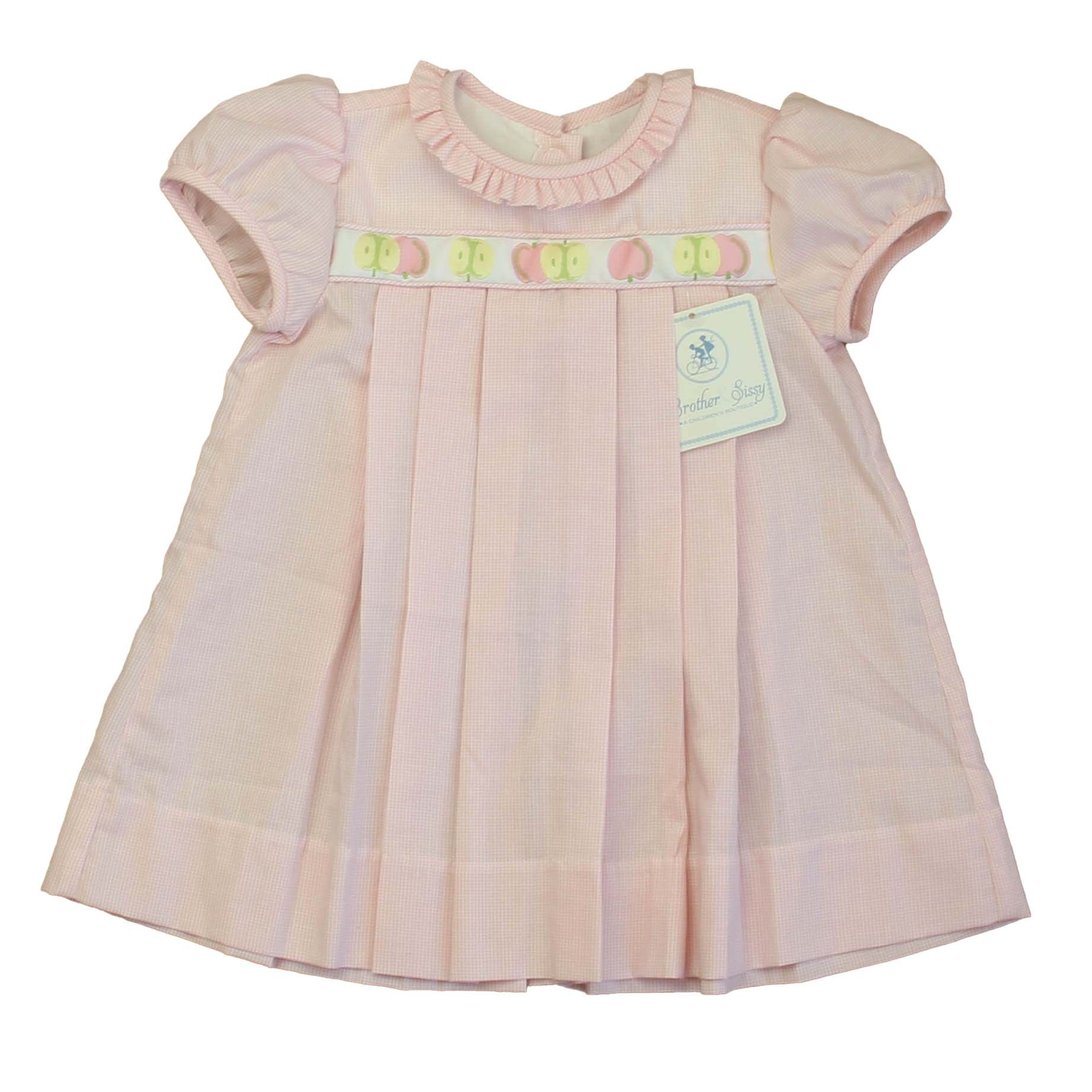 Brother & Sissy Girls Pink | White Apples Dress Size: 18 Months Pink | White Apples