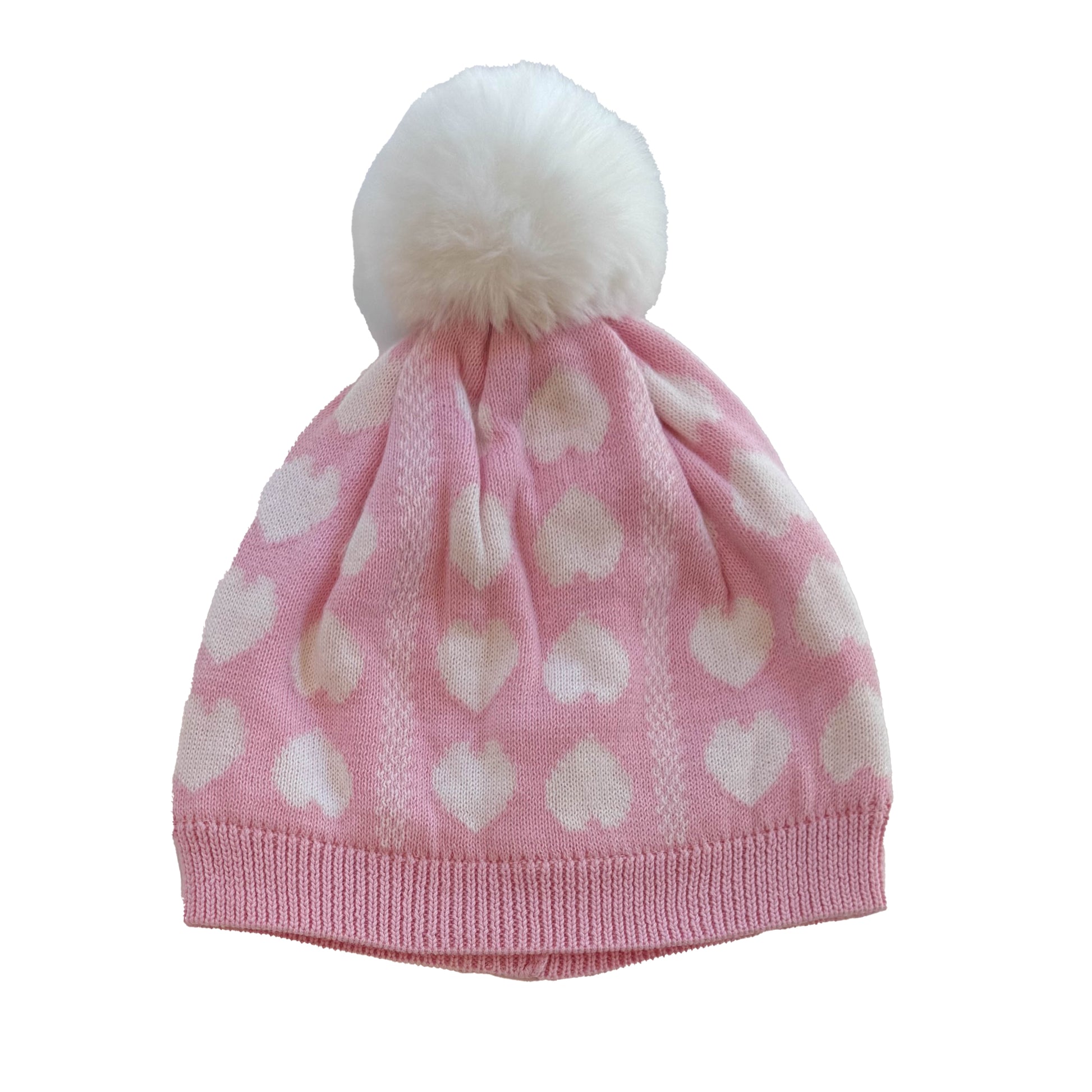 Janie and Jack Girls Pink | White Hearts Winter Hat Size: 6-12 Months Pink | White Hearts