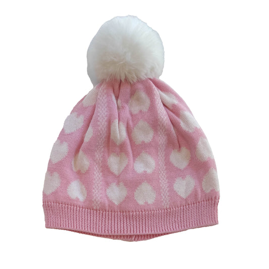 Janie and Jack Girls Pink | White Hearts Winter Hat Size: 6-12 Months Pink | White Hearts